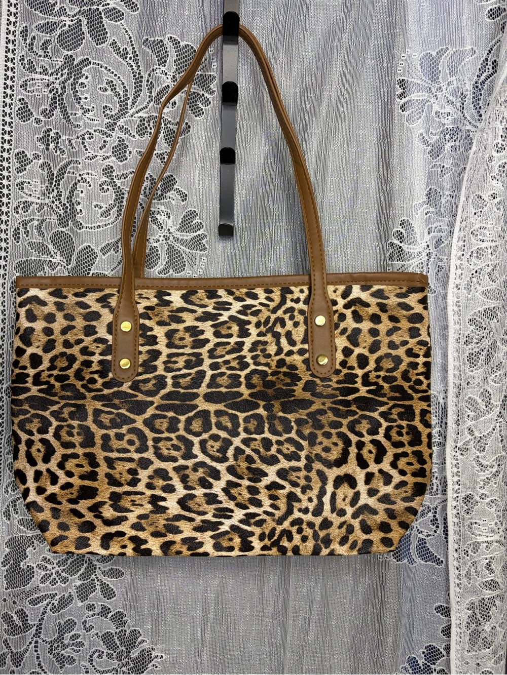 NWOT Leopard Print Tote Bag with Brown Trim